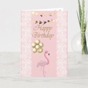Carte Flamant rose rose adorable, diadème, dentelle,