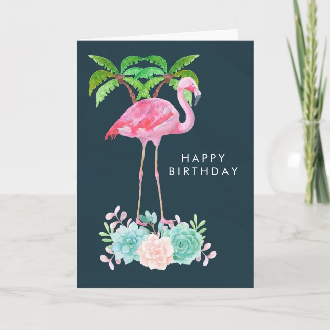 Carte Flamant rose rose Palmiers et Succulents Anniversa (Devant)