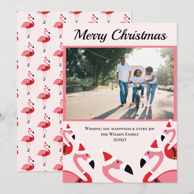 Carte Flamant rose rose Père Noël Photo Noël (Devant / Derrière)