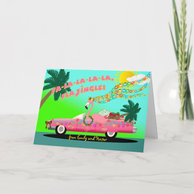 Carte Flamant rose tropical personnalisé Noël avec voitu (Devant)