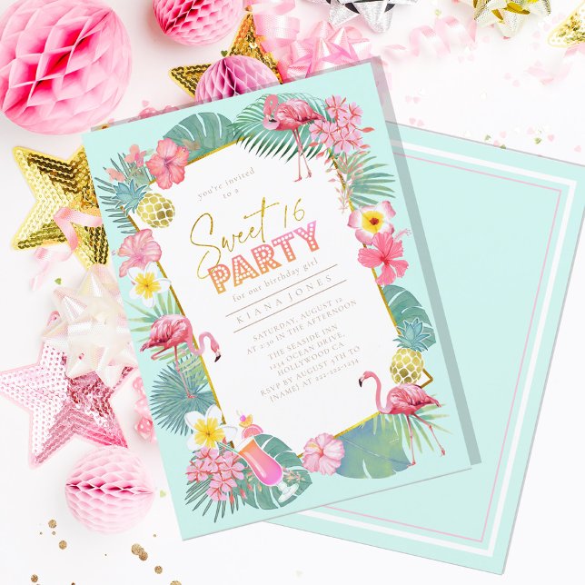 Carte Flamant rose tropical Sweet 16 Party ID922 (Créateur téléchargé)