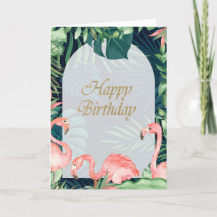 Carte Flamants roses roses Palm Tropical Feuille Anniver