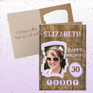 Carte Flamme rustique bois brun lilas 30e anniversaire