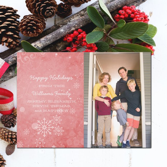 Carte Flat photo de vacances Red Snowflake (Red Snowflake Swirls Holiday Photo Card)