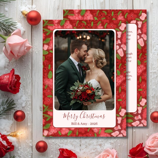 Carte Flat Rouge Fête Personnalisée Photo Plat (Red Floral Holiday Photo Card)