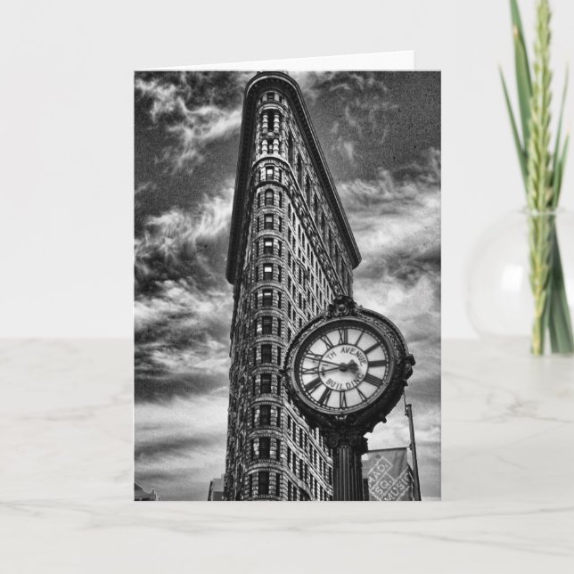 Carte Flatiron Building et horloge en noir et blanc (Devant)