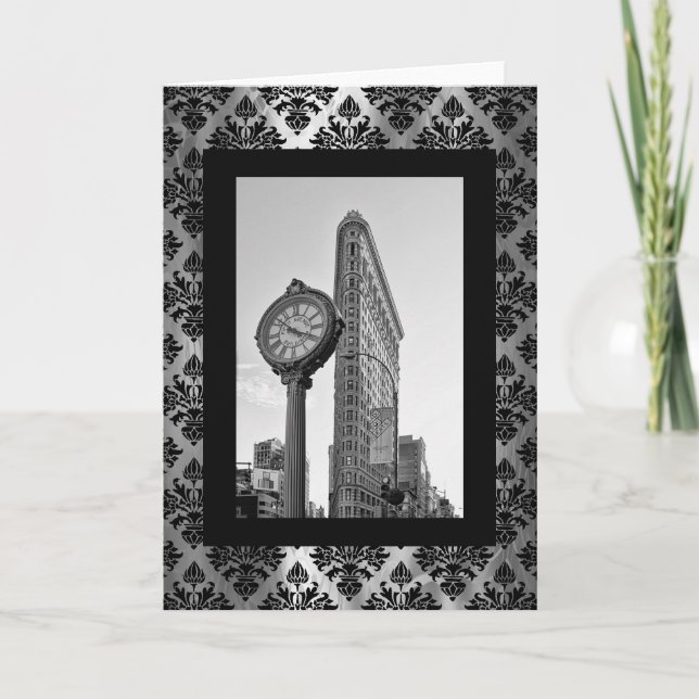 Carte Flatiron Building et horloge en noir et blanc 2 (Devant)