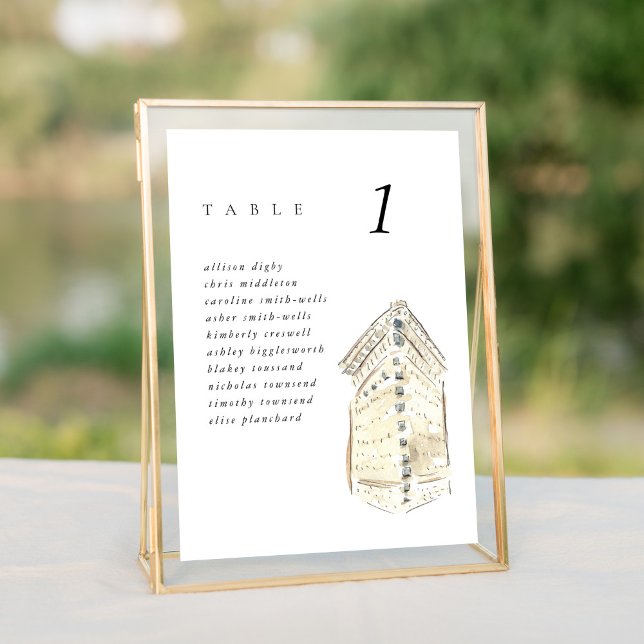 Carte Flatiron Building New York Mariage Seating Chart (Watercolor Flatiron Hotel chic New York City skyline wedding table number cards.)