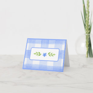 Carte Fleur bleue aquarelle Feuilles vertes Vichy bleu 