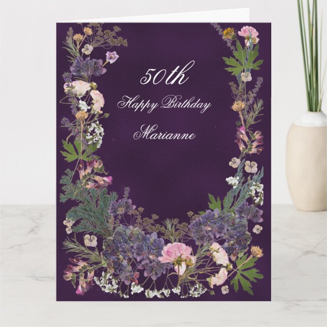 Carte Fleur botanique d'anniversaire sur Moody Purple (Devant)