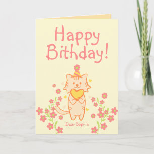 Carte Fleur Brillante & Chat Mignon portant Chapeau & Jo