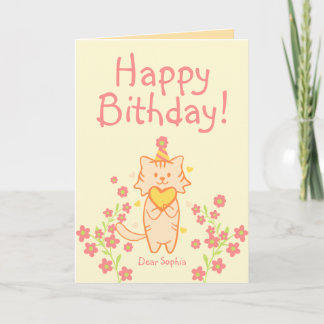 Carte Fleur Brillante & Chat Mignon portant Chapeau & Jo
