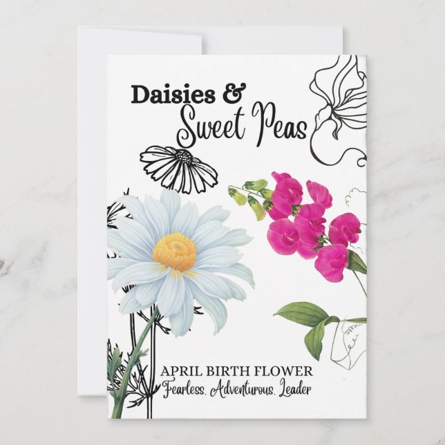 Carte Fleur de naissance, avril, marguerite, pois  (Devant)