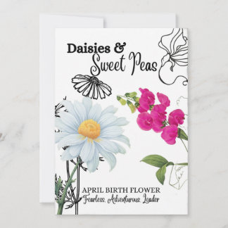 Carte Fleur de naissance, avril, marguerite, pois 