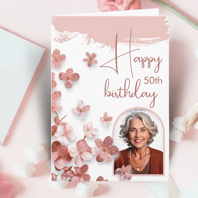 Carte Fleur de Parties scintillant rose Photo 50e annive (Créateur téléchargé)
