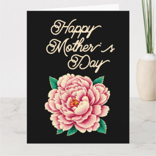 Carte Fleur de pivoine rose vintage Noire Bonne Fête des