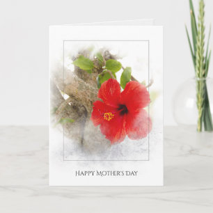 Carte Fleur d'hibiscus rouge Fête des Mères en cadre arg