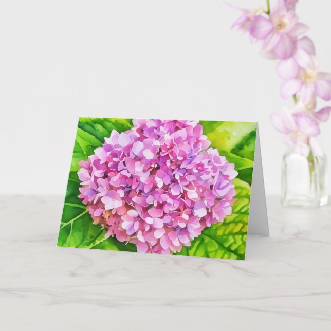 Carte Fleur d'Hydrangée rose en fleurs à l'aquarelle (Orchidée)
