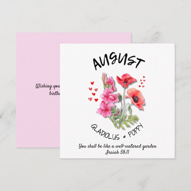 Carte Fleur du mois de naissance AOÛT Anniversaire chrét (Devant / Derrière)