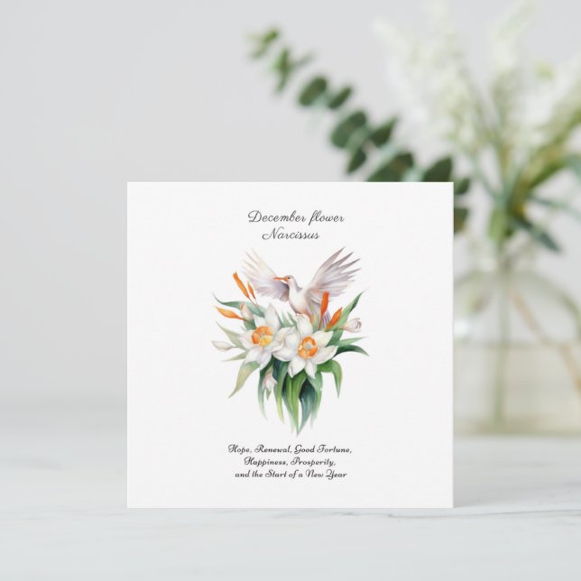 Carte Fleur Narcisse de décembre avec oiseaux floraux (Debout devant)