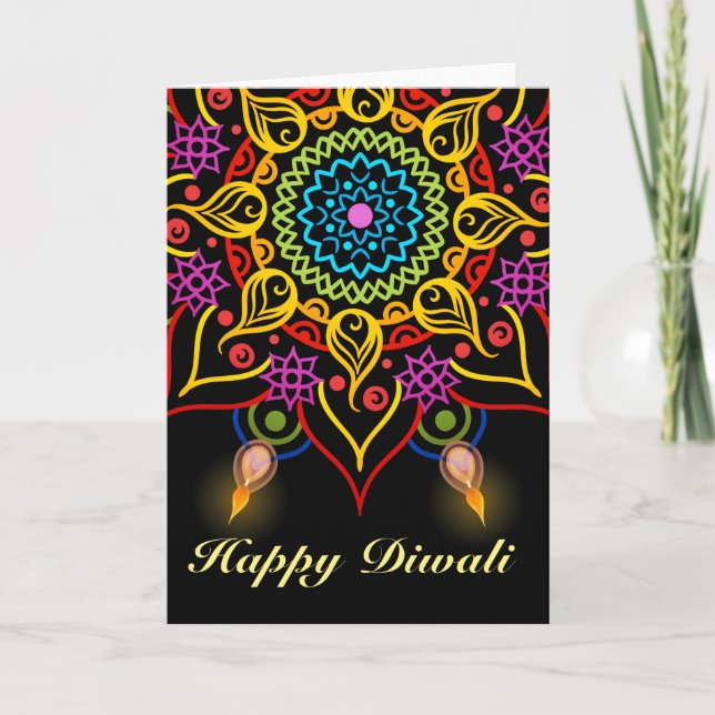 Carte Fleur Rangoli de Diwali avec des lampes à pétrole (Devant)