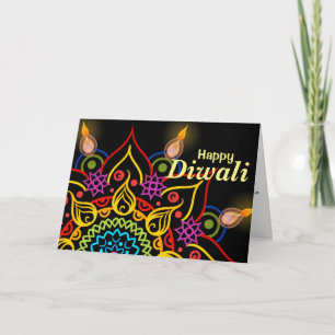 Carte Fleur Rangoli de Diwali avec les lampes à pétrole