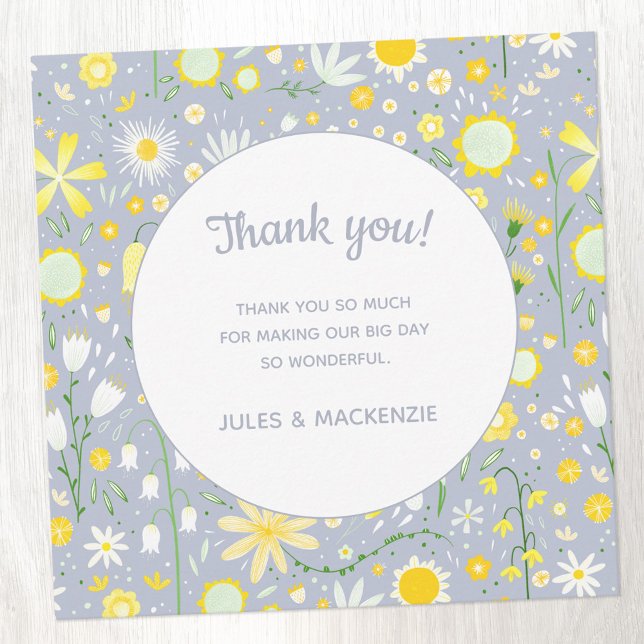 Carte Fleur sauvage Bleu Botanique Merci Mariage Floral (Pastel yellow, white and blue wedding thank you card)
