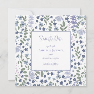 Carte Fleur sauvage bleu vintage Enregistrer la date