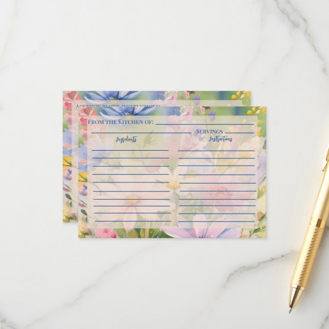 Carte Fleur sauvage de recette d'aquarelle (Devant/Arrière en situation)
