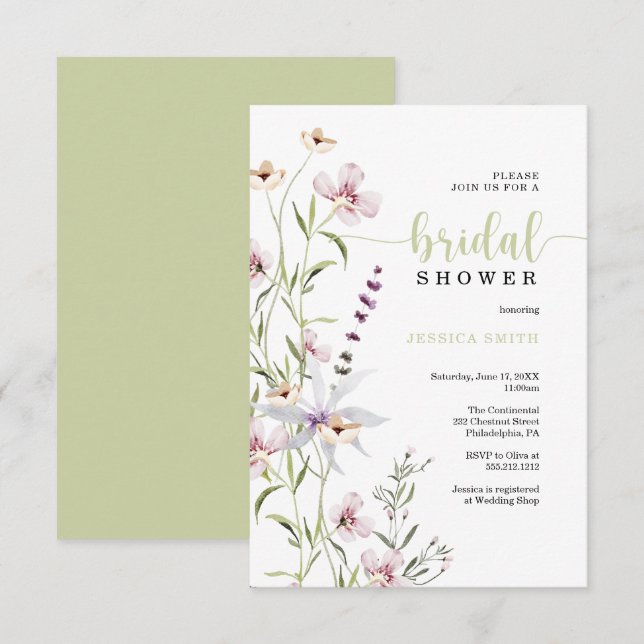 Carte fleur sauvage d'invitation de douche nuptial (Devant / Derrière)