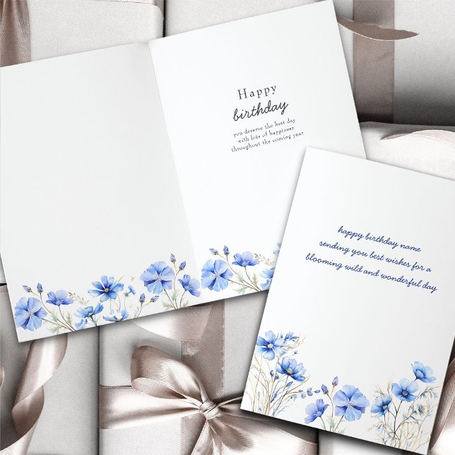Carte Fleur sauvage floral simple bleu (Feminine blue wildflowers handwritten personalized birthday card)