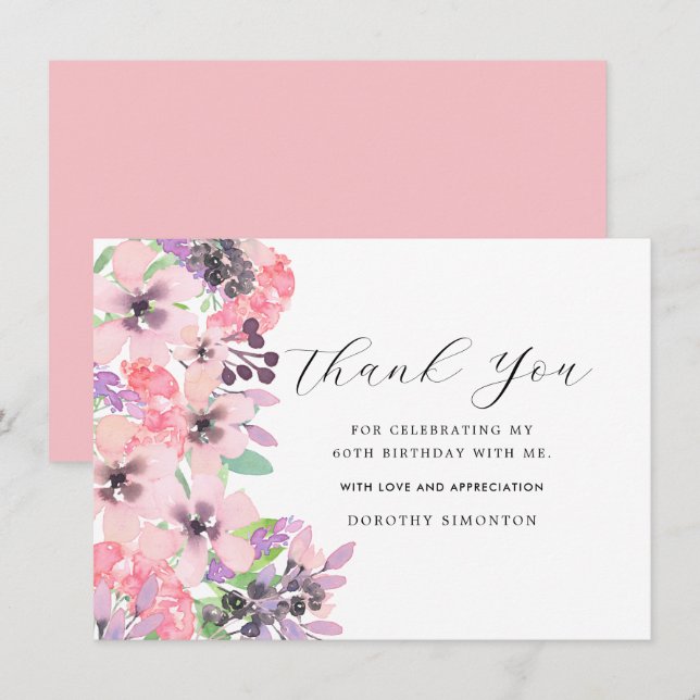 Carte Fleur sauvage rose violet 60e anniversaire Merci (Devant / Derrière)