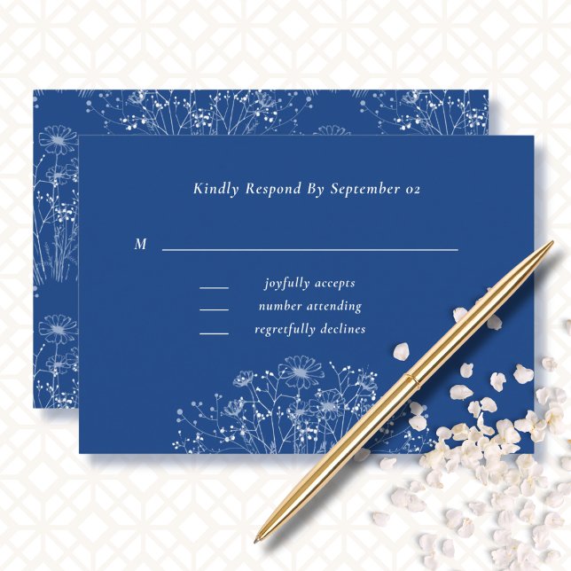 Carte Fleur sauvage Royal Bleu Blanc Boho Wedding RSVP (Créateur téléchargé)