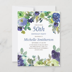 Carte Fleurs Aquarelles Bleu Vert 50e Anniversaire