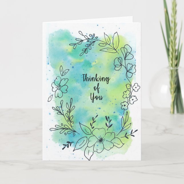 Carte Fleurs aquarelles bleues sarcelle vierges (Devant)