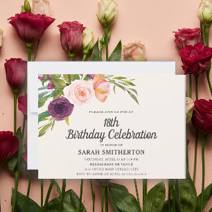 Carte Fleurs aquarelles rose violet pour 18 ans