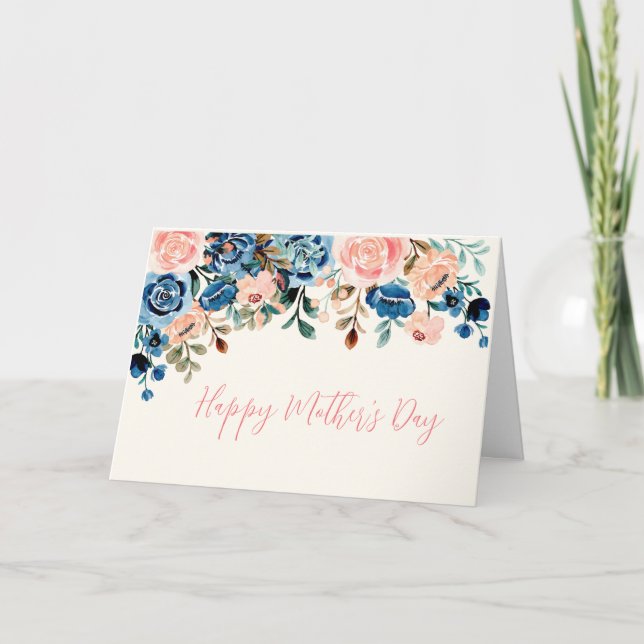 Carte Fleurs aquarelles roses et bleues Fête des mères (Devant)