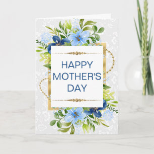 Carte Fleurs bleues et navires et fête des Mères en or