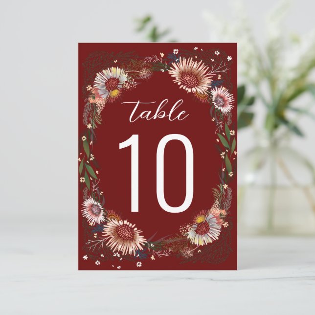 Carte Fleurs croisées Boho Dark Red Maroon Numéro de tab (Debout devant)