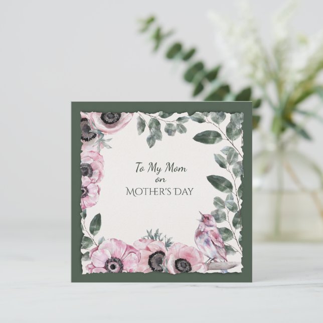 Carte Fleurs d'aquarelle de la Fête des Mères et oiseaux (Debout devant)