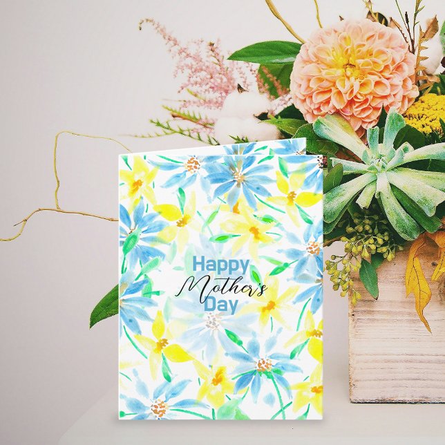 Carte Fleurs d'aquarelle jaune bleu frais Fête des mères (Créateur téléchargé)