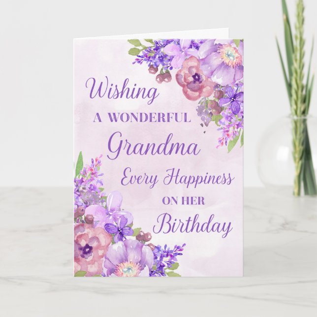 Carte Fleurs d'aquarelle pourpre Grand-mère Anniversaire (Devant)
