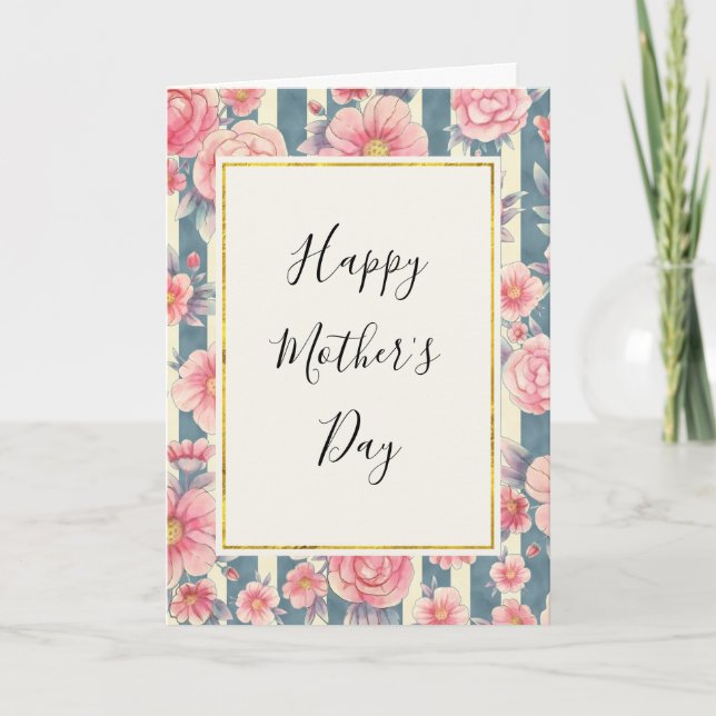 Carte Fleurs d'aquarelle rose en rayures Fête des mères (Devant)