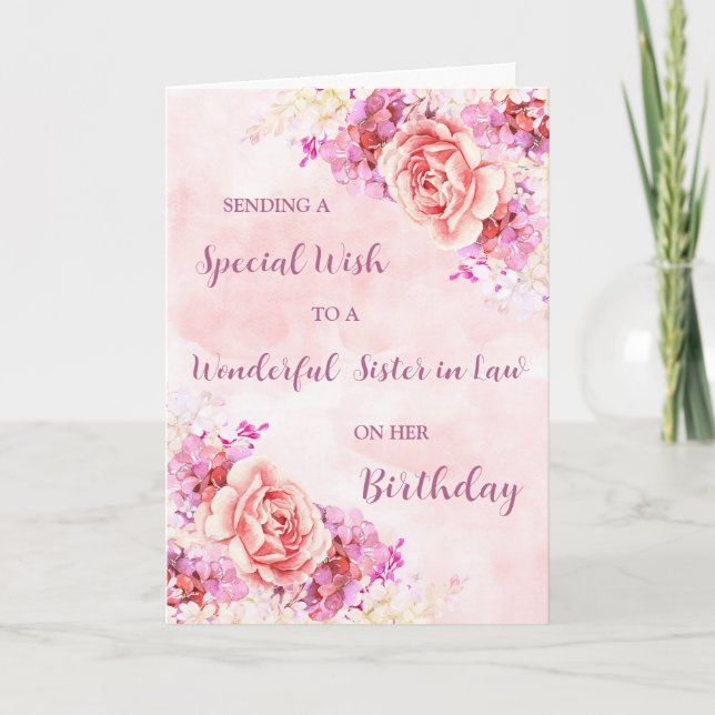 Carte Fleurs d'aquarelle rose Soeur en droit Anniversair (Devant)