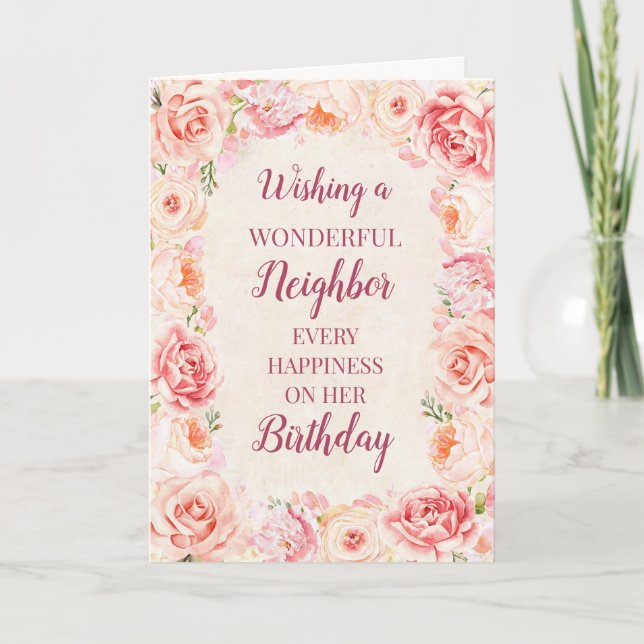 Carte Fleurs d'aquarelle rose Voisin Anniversaire (Devant)