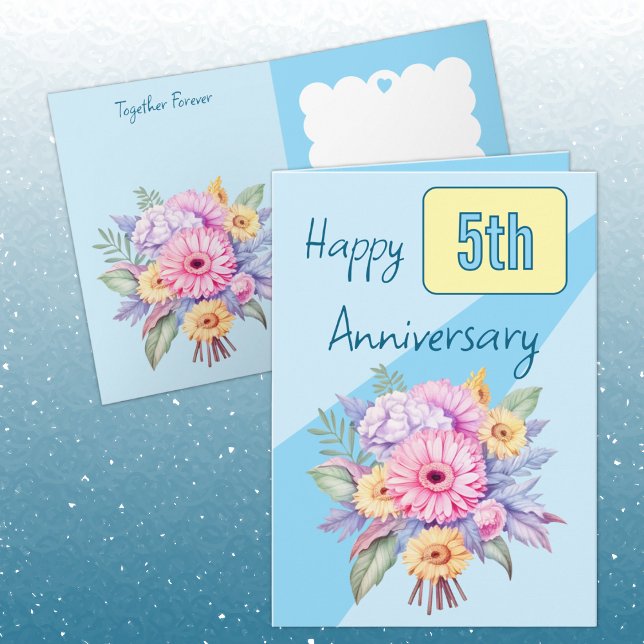 Carte Fleurs de gerbera du 5e anniversaire bleu (Créateur téléchargé)