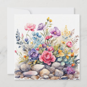 Carte Fleurs de jardin à l'aquarelle sur les rochers