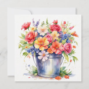 Carte Fleurs de jardin d'été à l'aquarelle dans un seau 