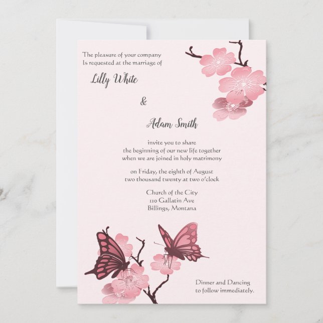 Carte Fleurs de printemps roses avec papillons (Devant)