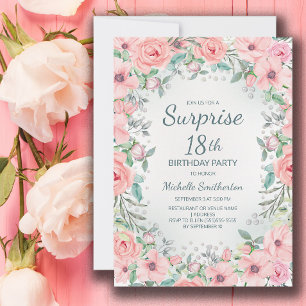 Carte Fleurs de roses aquarelles roses perles 18e annive
